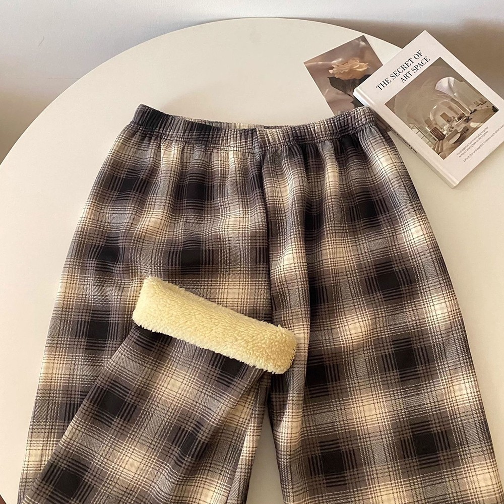 Women Summer Checkered Print High Waist Pants Straight Fit With Lining For Yoga