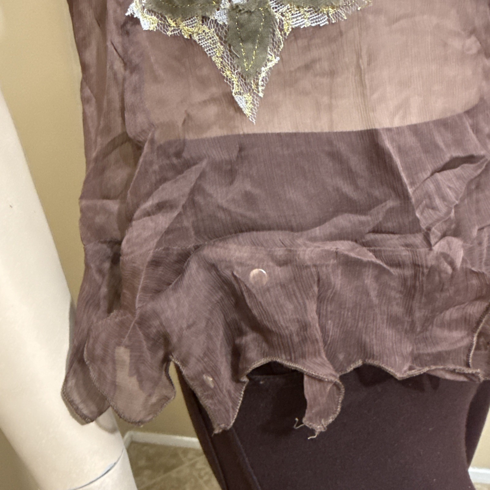 Women’s Brown Silk Casual Summer Sheer Beaded Embroidered Lace Size S Blouse Top