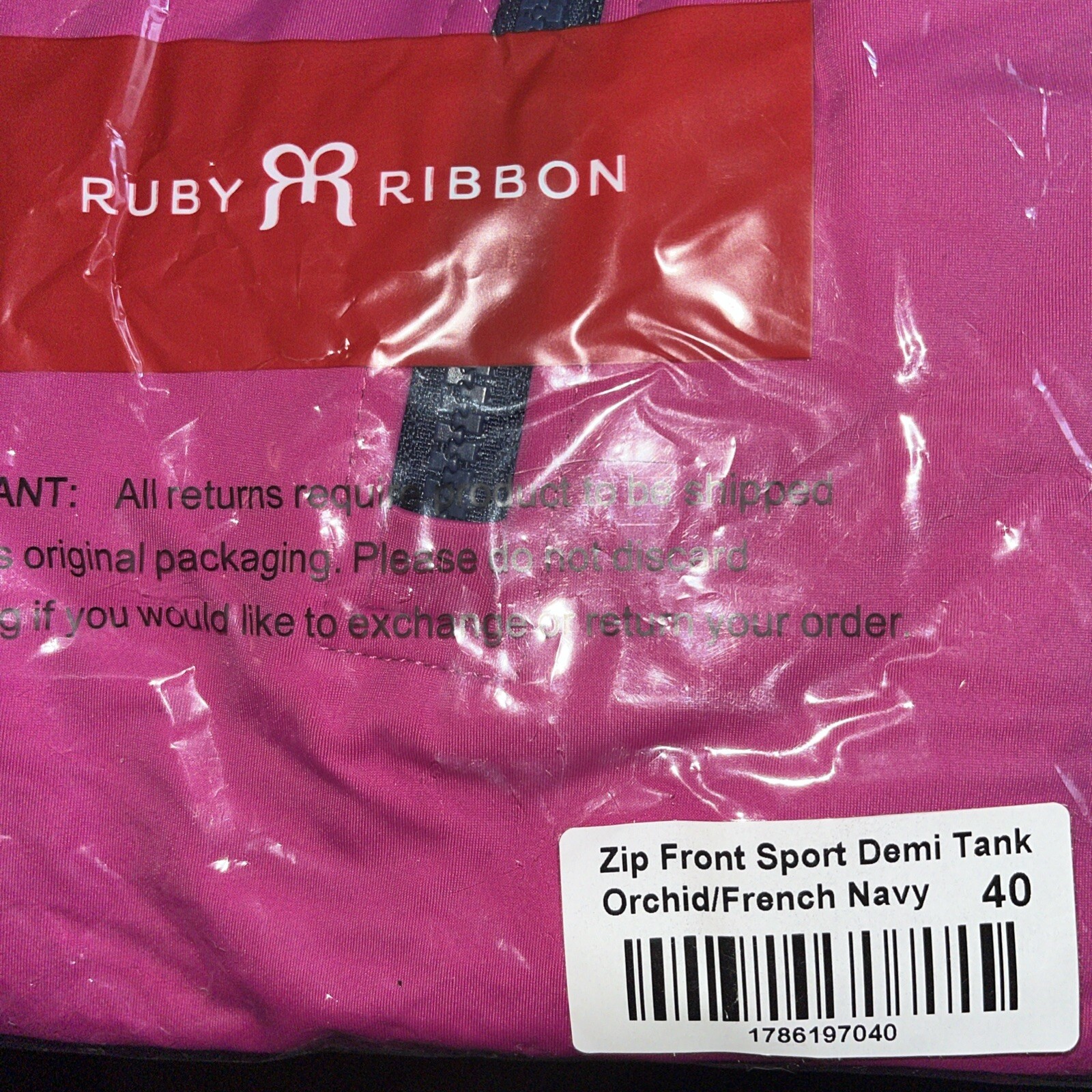 Ruby Ribbon zip front sport demi tank size 40 In orchid/french navy #1786