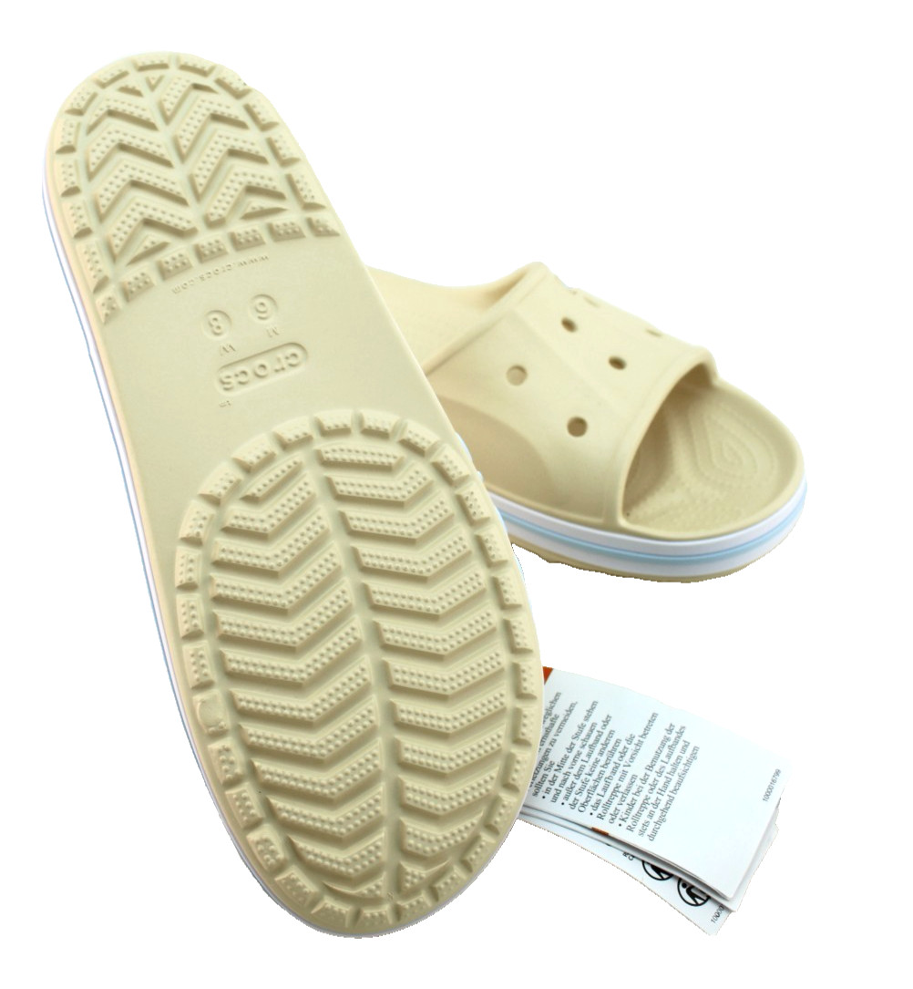 New CROCS Women’s 6 Bayaband Vanilla Cream /Blue Raised Crocs Logo Slide Sandals