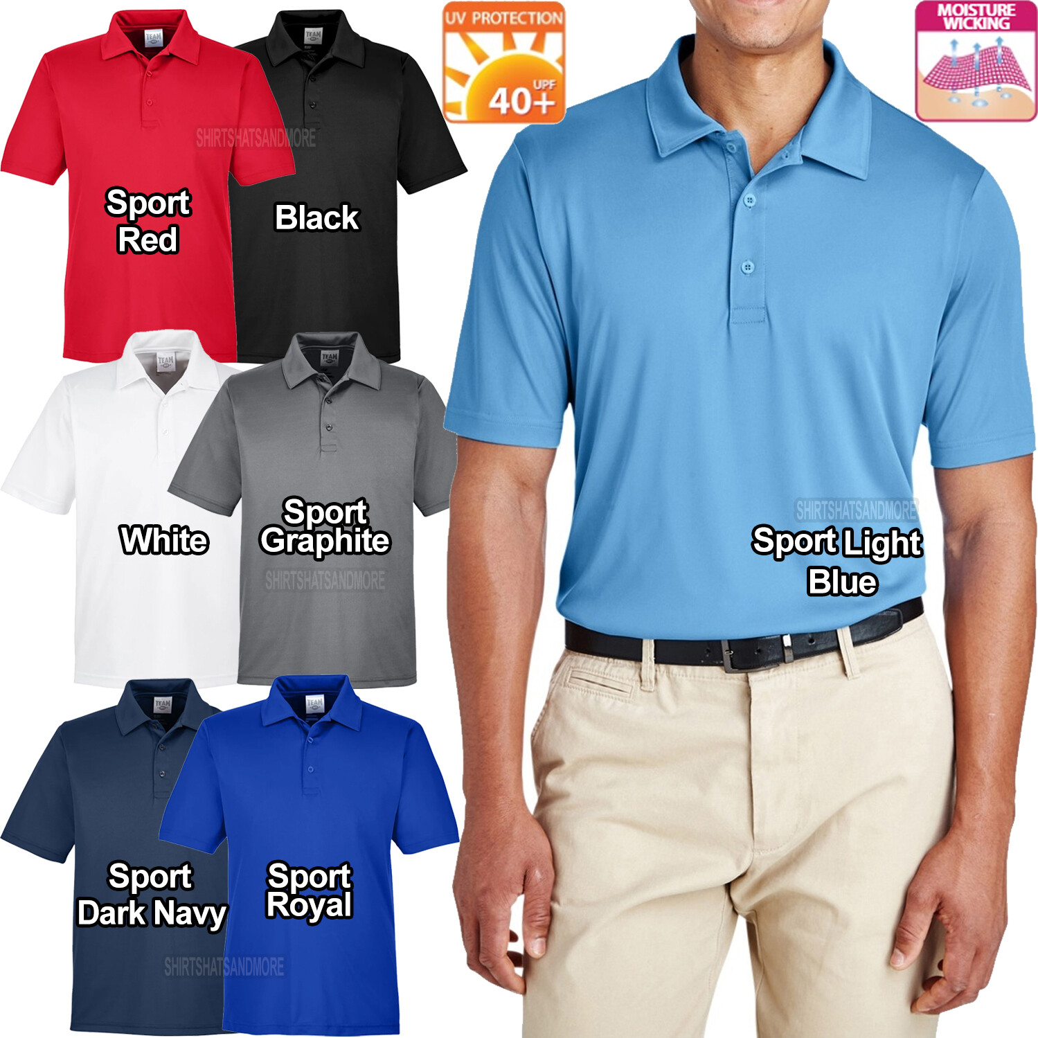 Mens Moisture Wicking Polo Shirt Dri Fit UV Protection XS, S, M, L, XL 2XL-6XL