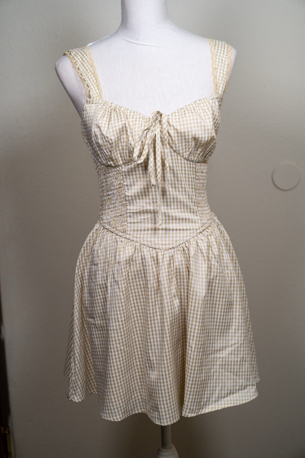 Bailey Rose Womens S Beige White Gingham Sundress Square Neck Smocked Short
