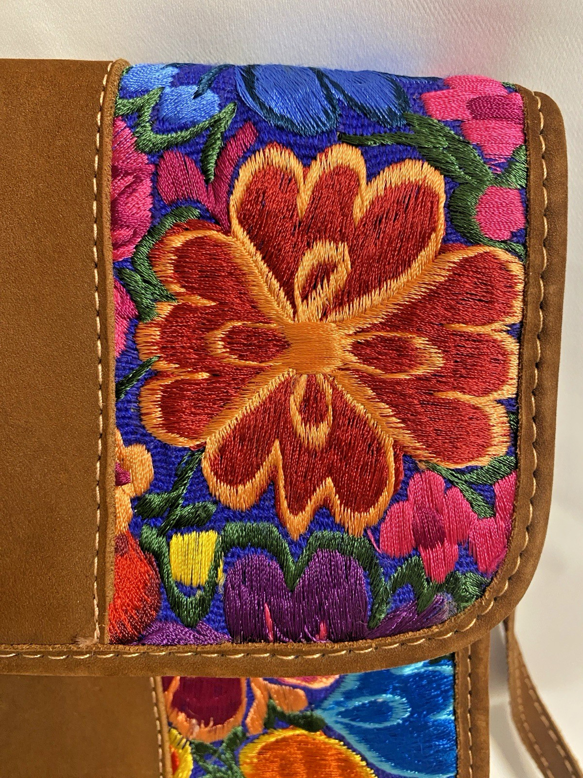 Floral Embroidered Small Women’s Crossbody Bag Magnetic Closure Brown Strap