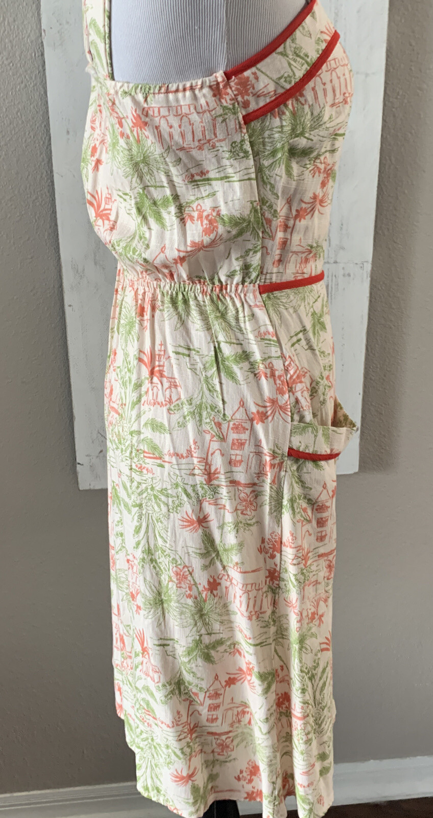 Monteau Linen Blend Pagoda pattern Sundress S Natural Ivory and Red dress