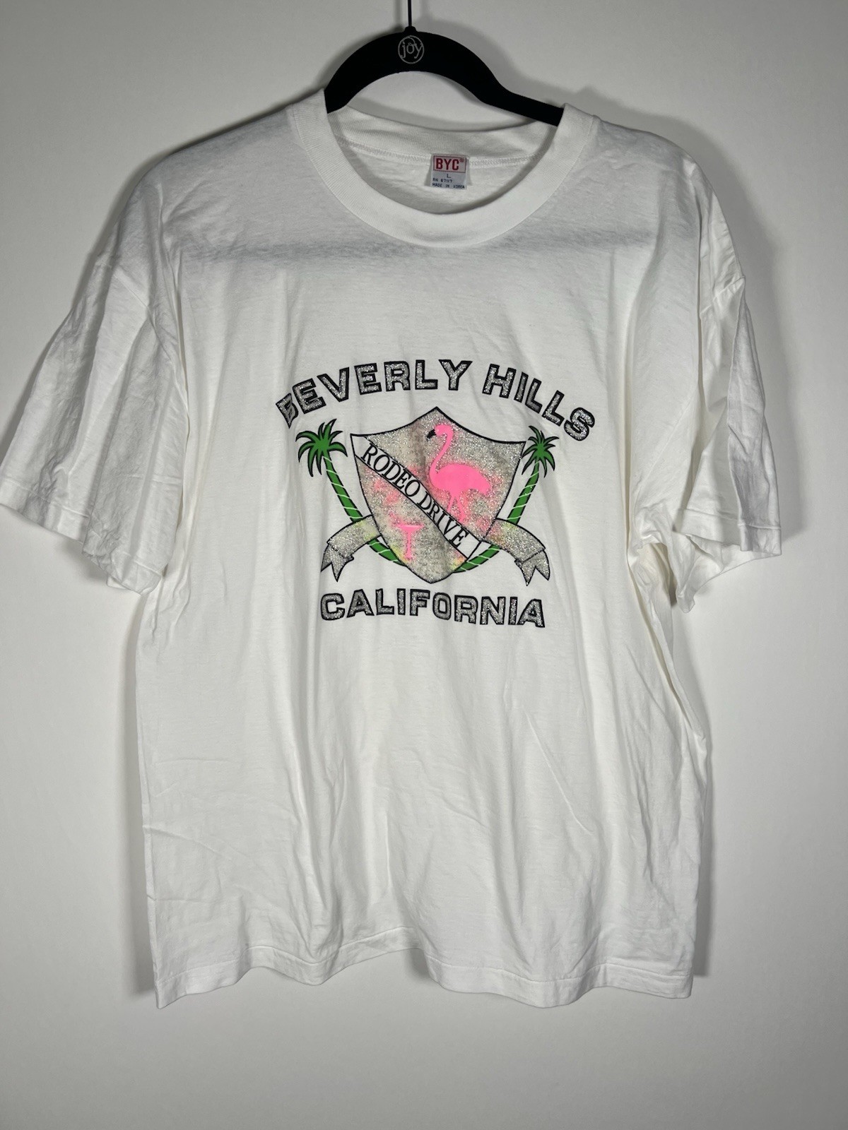 Vintage 80s BYC Beverly Hills Rodeo California white flamingo glitter tshirt L