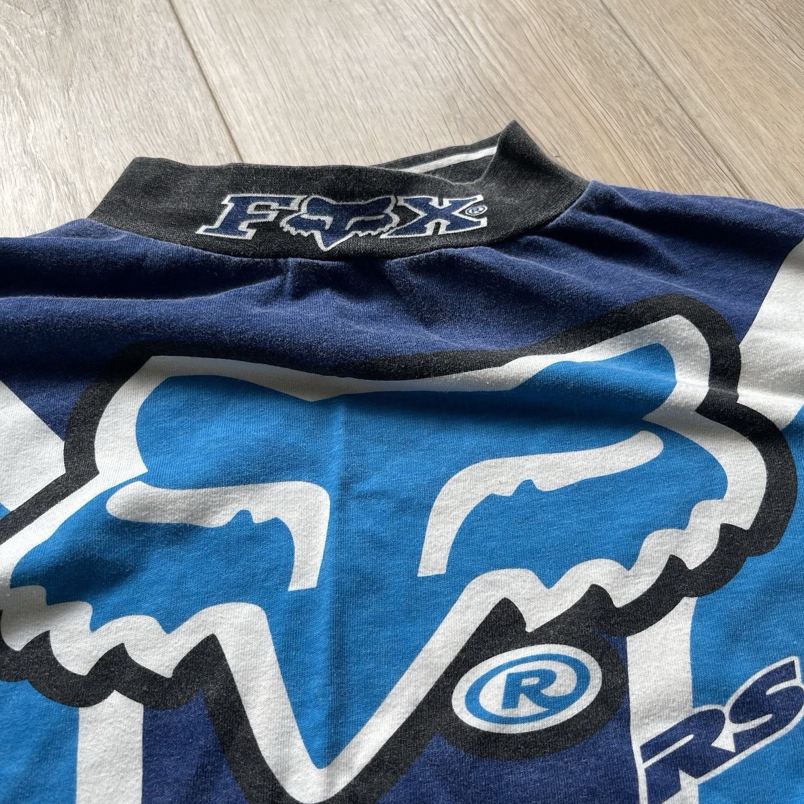 VTG 90s Fox Racing RS Single Stitch AOP Graphic Racing Mock Neck Jersey Sz XL