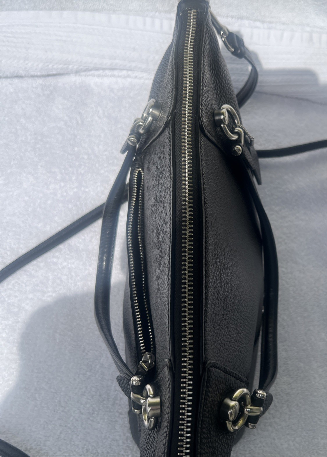Coach Crossbody Bag Black Pebble Leather black Interior with silver hardware.