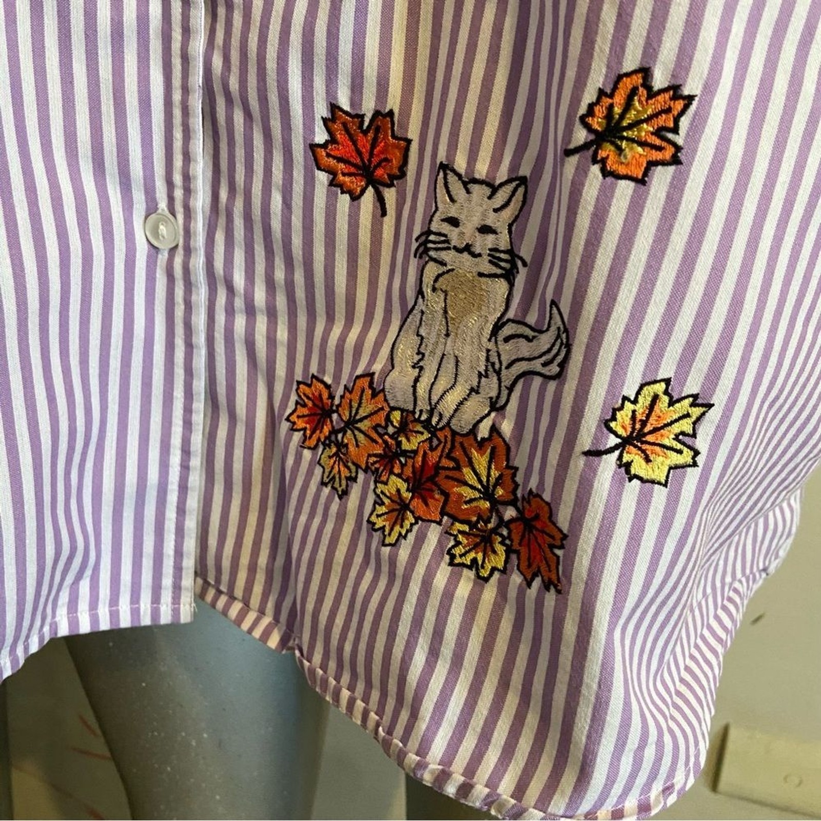 Blair Cat Pinstriped Shirt 3/4 Sleeve Oversized XL Lavender Kitty Leaves Teacher