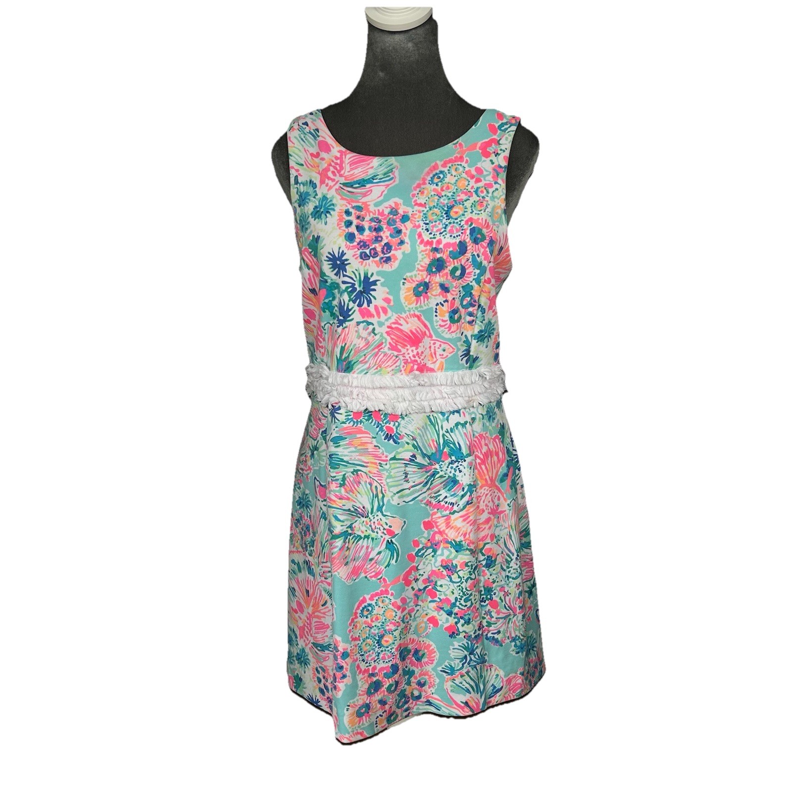 Lilly Pulitzer Arden Mini Shift Dress Serene Blue Gypsea Size Medium Fringe Fish