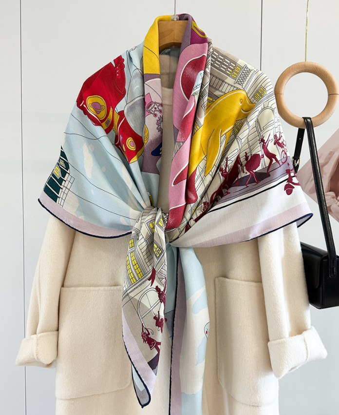 70% Cashmere 30% Silk Wrap Scarf Horse Print Double Face Print Shawl 135X135cm