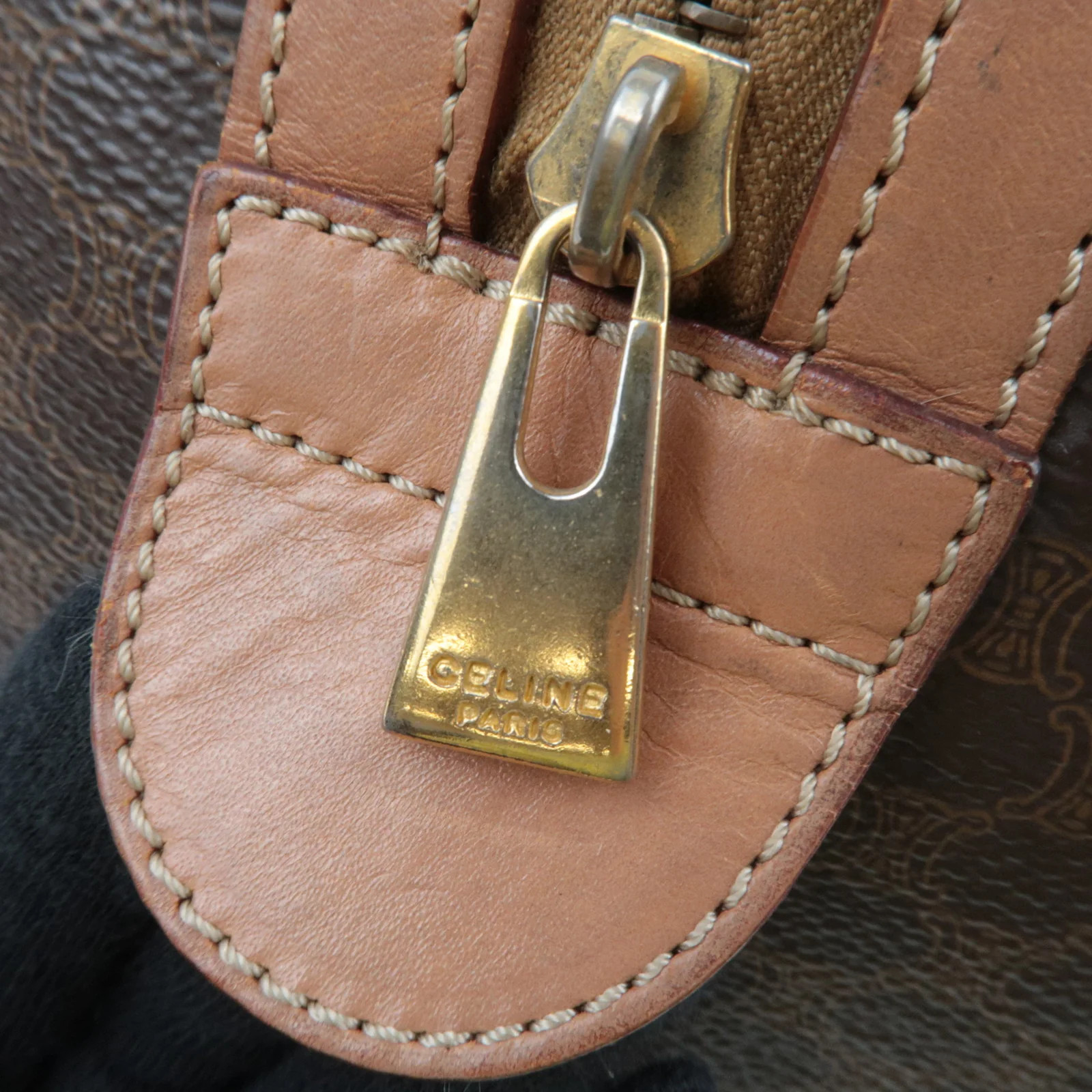 CELINE Macadam PVC Leather Handbag Brown Gold HDW Authentic