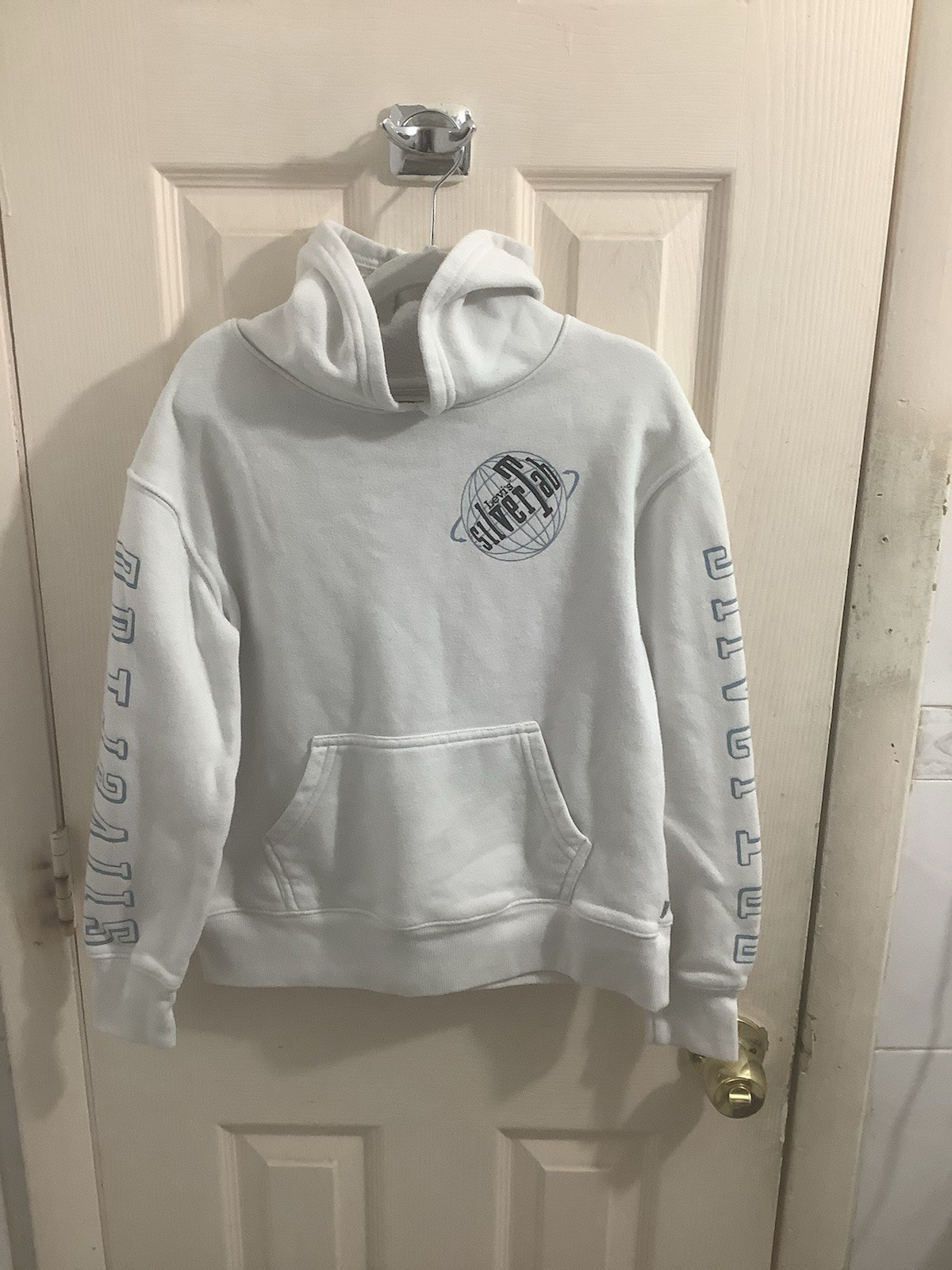 Levi’s White Silver Tab Soft Cozy Fleece Hoodie Size Small Blue Text Logo
