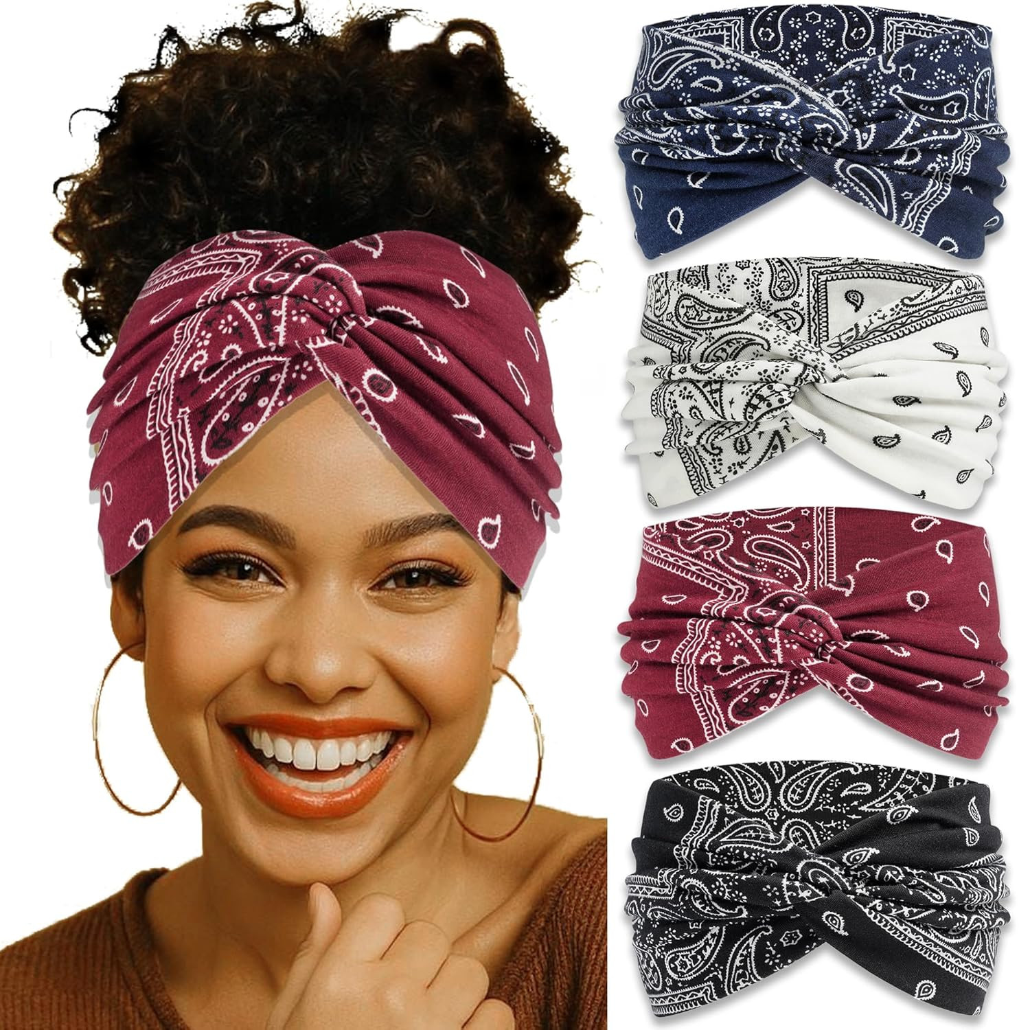 4 Pack Wide Headbands for Women Paisley Twist Hair Bands Stretchy Cross Head Tur
