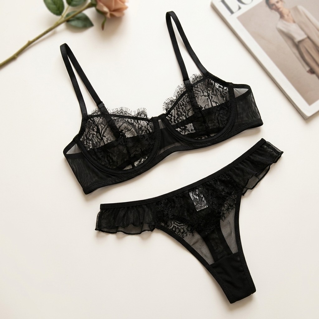 Women’s Lace Embroidered Bra Set Sheer Mesh Push Up Lingerie Underwear Set