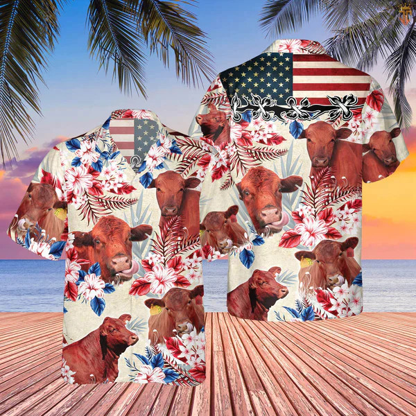 Red Angus Cattle American Flag Flowers Trendy Hawaiian Shirt, Farm Cow Trendy