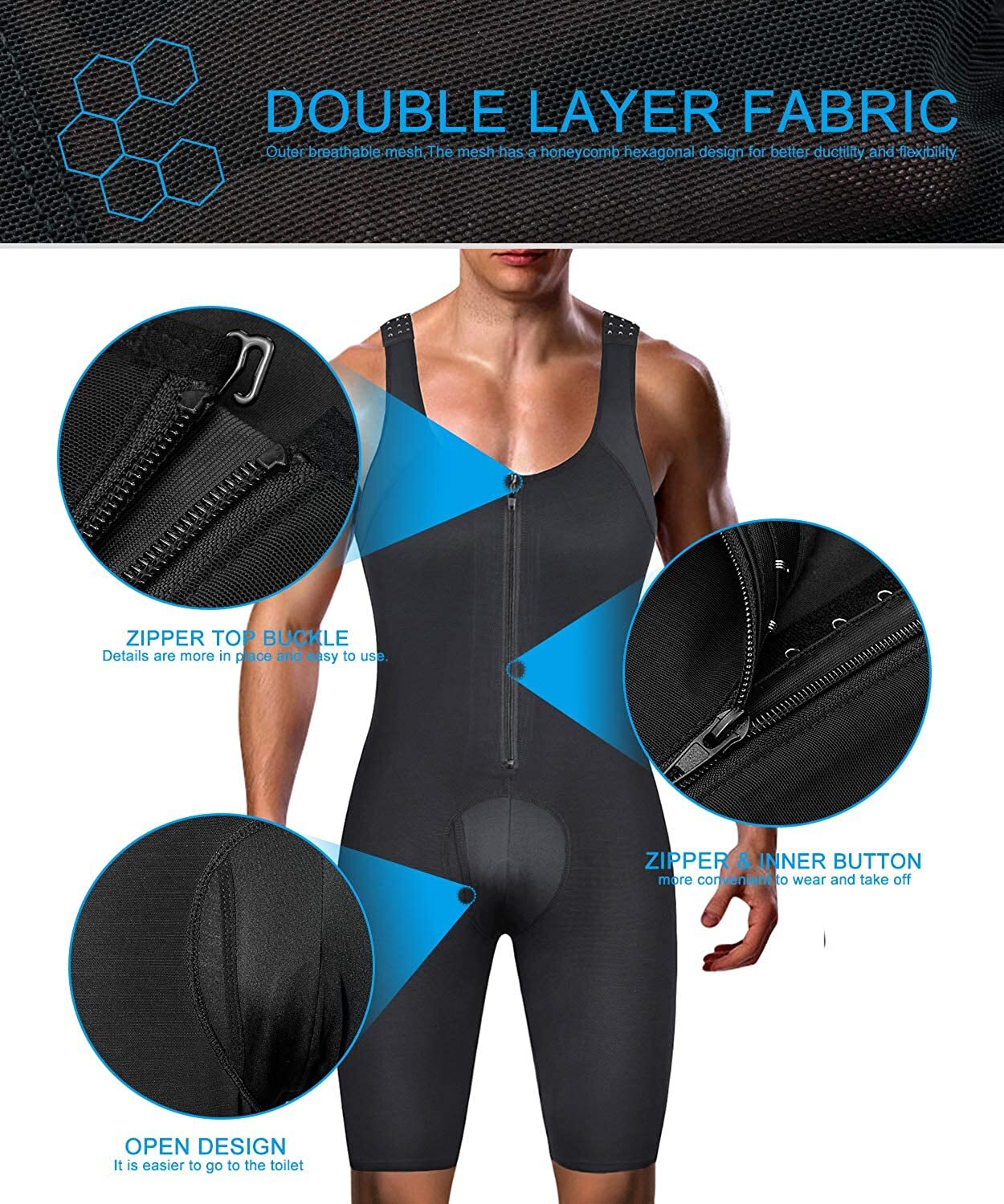 Mens Shapewear Bodysuit Compression Tummy Control Full Body Shaper Slimming Suit