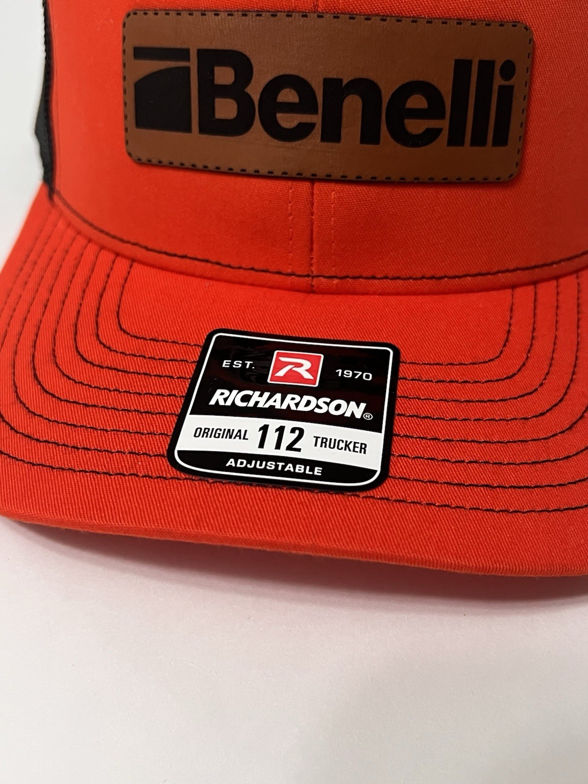 Benelli Leather Patch Richardson 112 Hat Orange/Black Mesh Back Trucker Cap NWT
