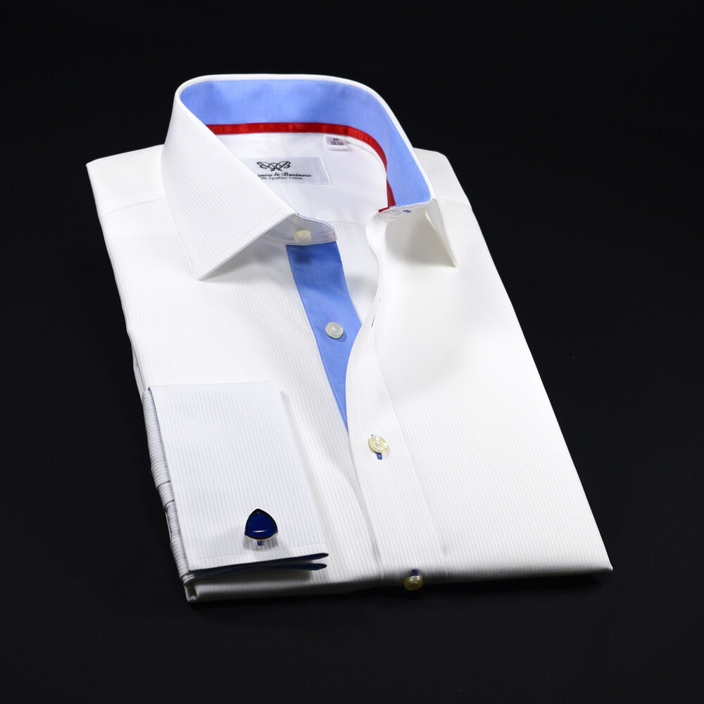 Classic White Men’s Formal Business Dress Shirt Mini Stripe French Double Cuffs