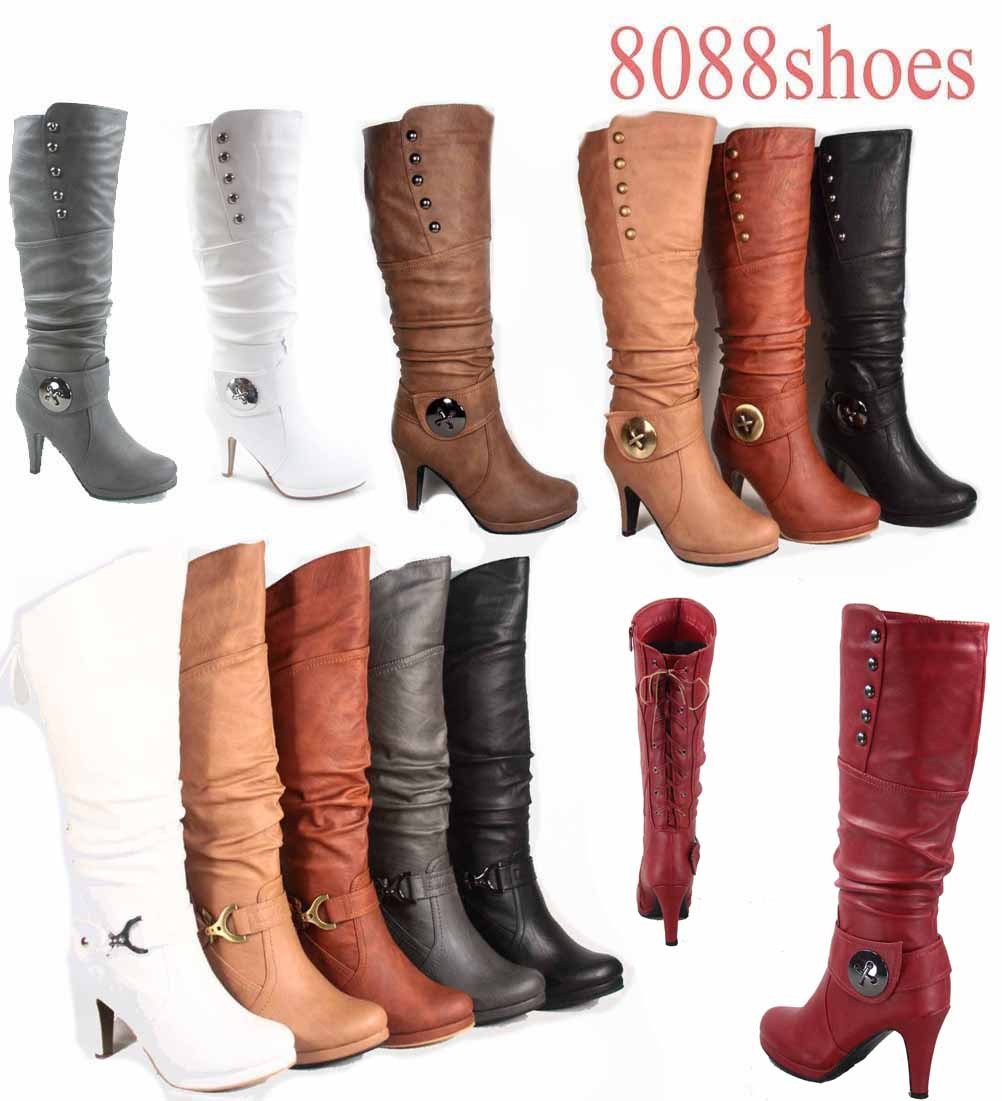 Women’s Round Toe High Heel Platform Mid-Calf Knee High Boots Shoes Size 5 -11