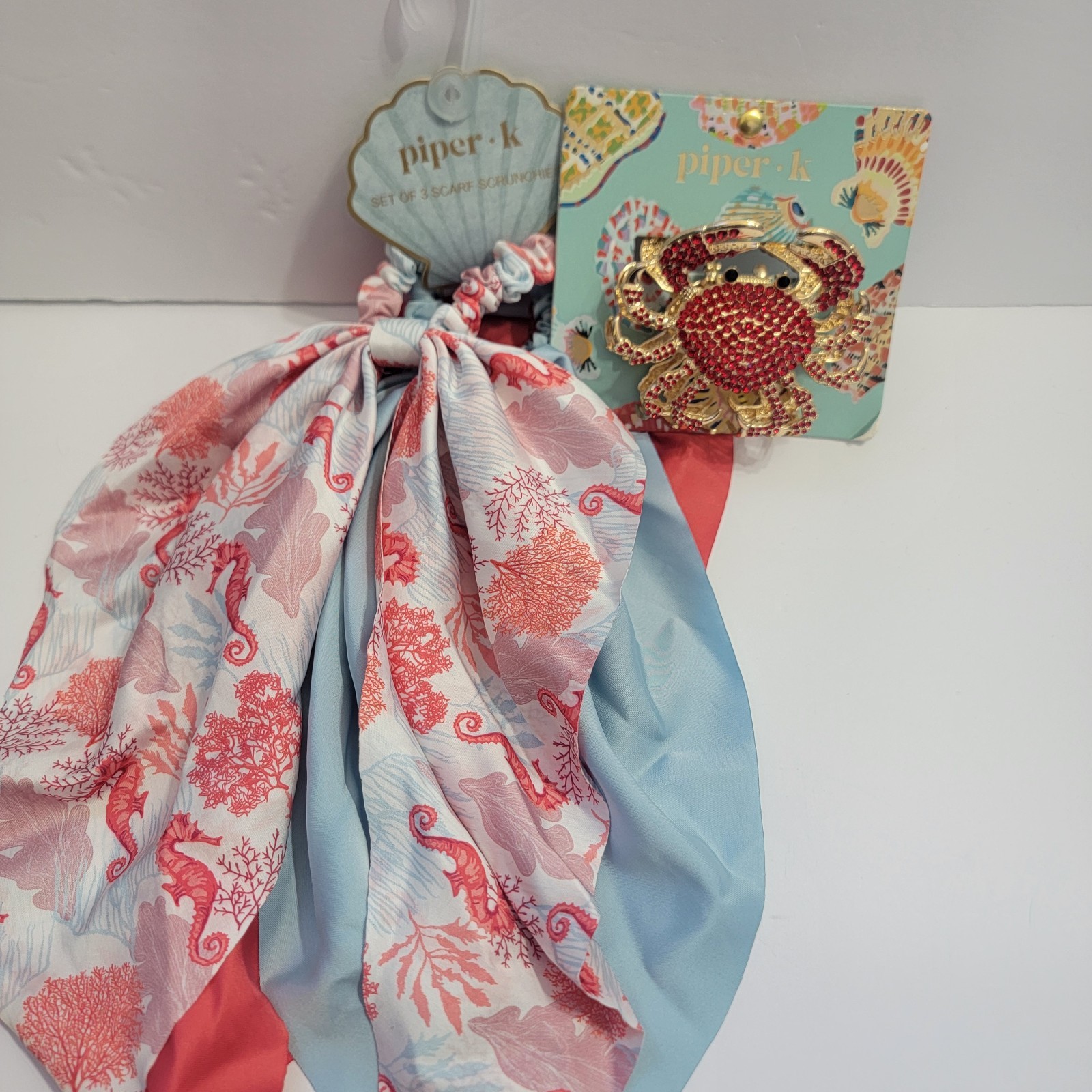 Piper K Coastal Scarf and Rhinestone CRAB Gold Hair Claw Clip Nautical SEA LIFE