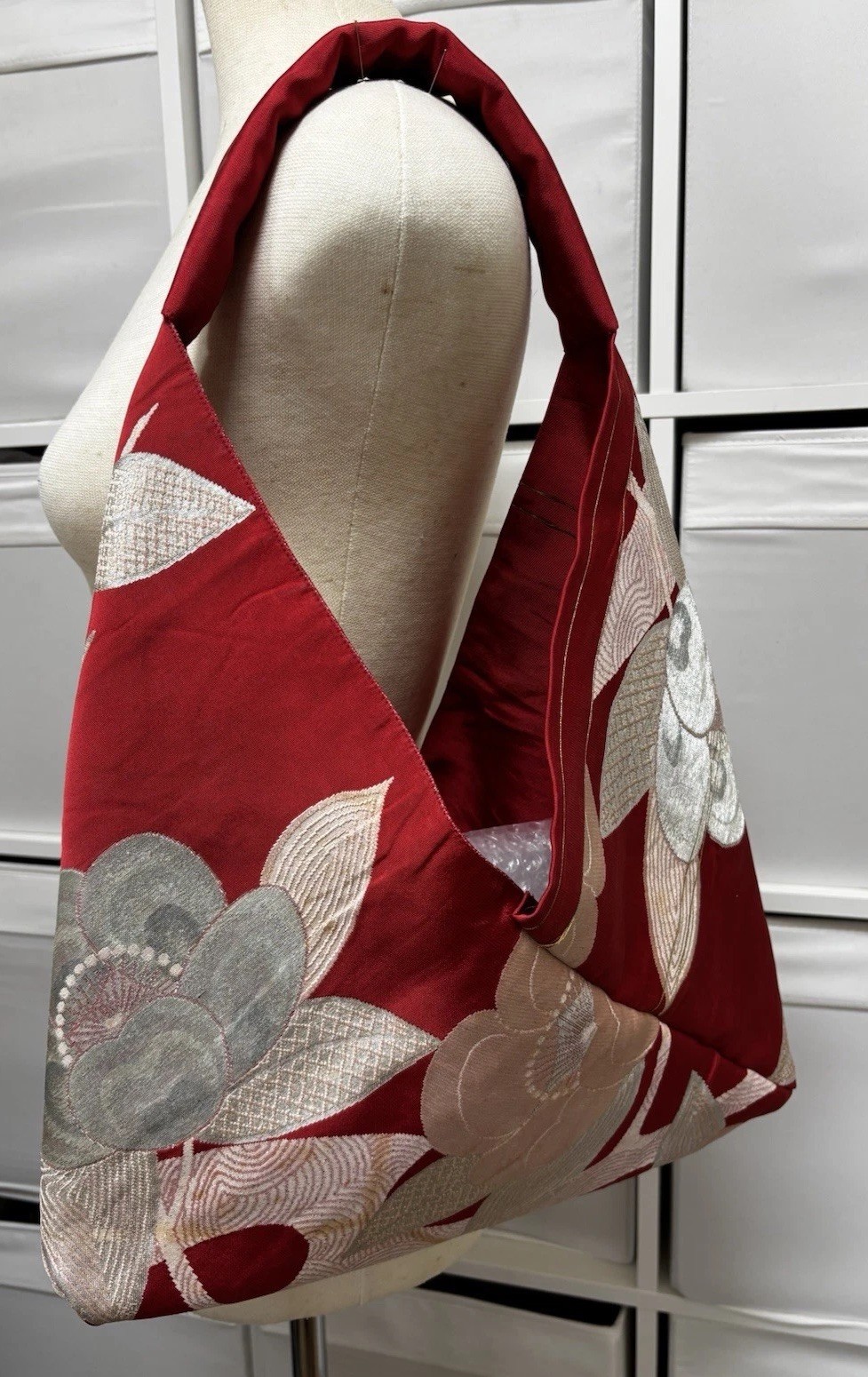 Vintage Japanese Obi Silk Shoulder Bag One of a Kind Pearl Beige Knot Purse