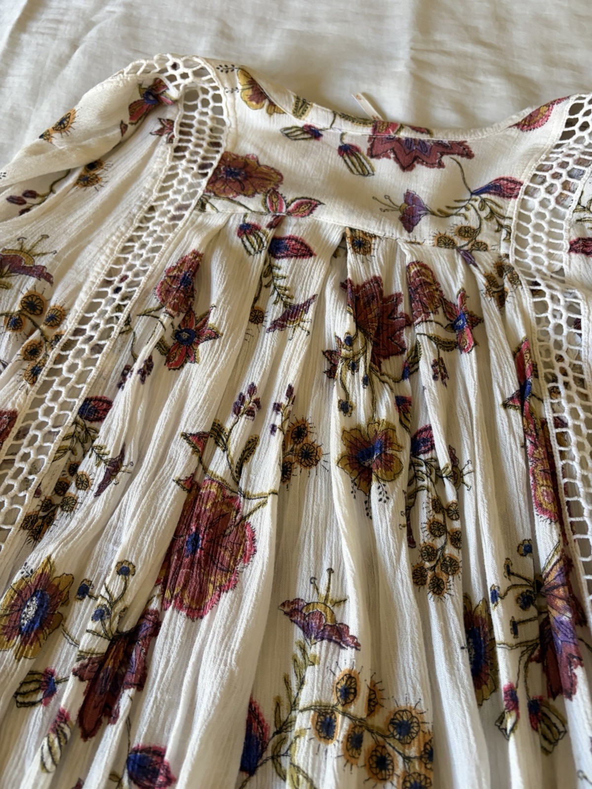 Free People Floral Boho Peasant Blouse V-Neck Balloon Long Sleeve Viscose Size S