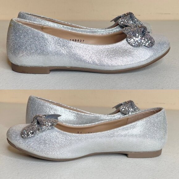 KidExpress Silver Glitter Bow Ballet Flats Girls Size EU 31
