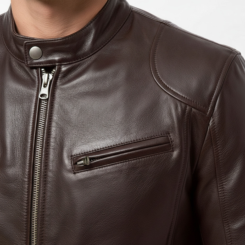 Men’s Brown Sheepskin Leather Jacket Cafe Racer Biker Real Soft Motorcycle Coat