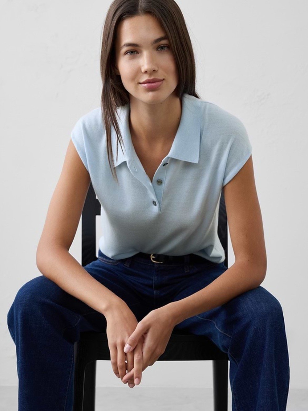 Women’s Banana Republic Light Blue Cap Sleeve Merino Wool Polo Size M Coastal
