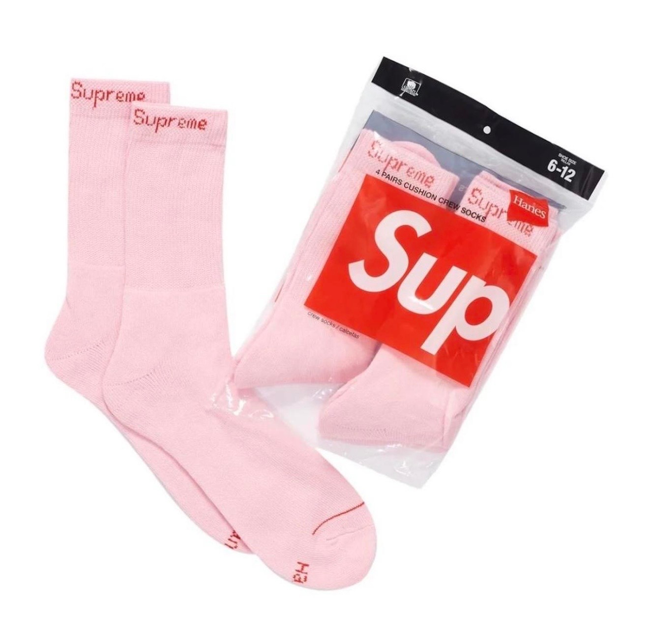 Supreme / Hanes Pink Crew Socks Authentic 4-Pack Size 6-12 Fast Free Shipping 🚚