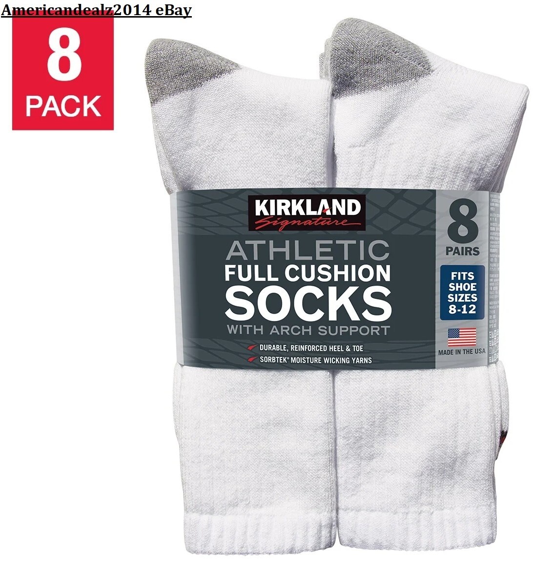 Kirkland Signature Men’s Athletic Sock 8 Pair White Color – Made in USA – NEW!!