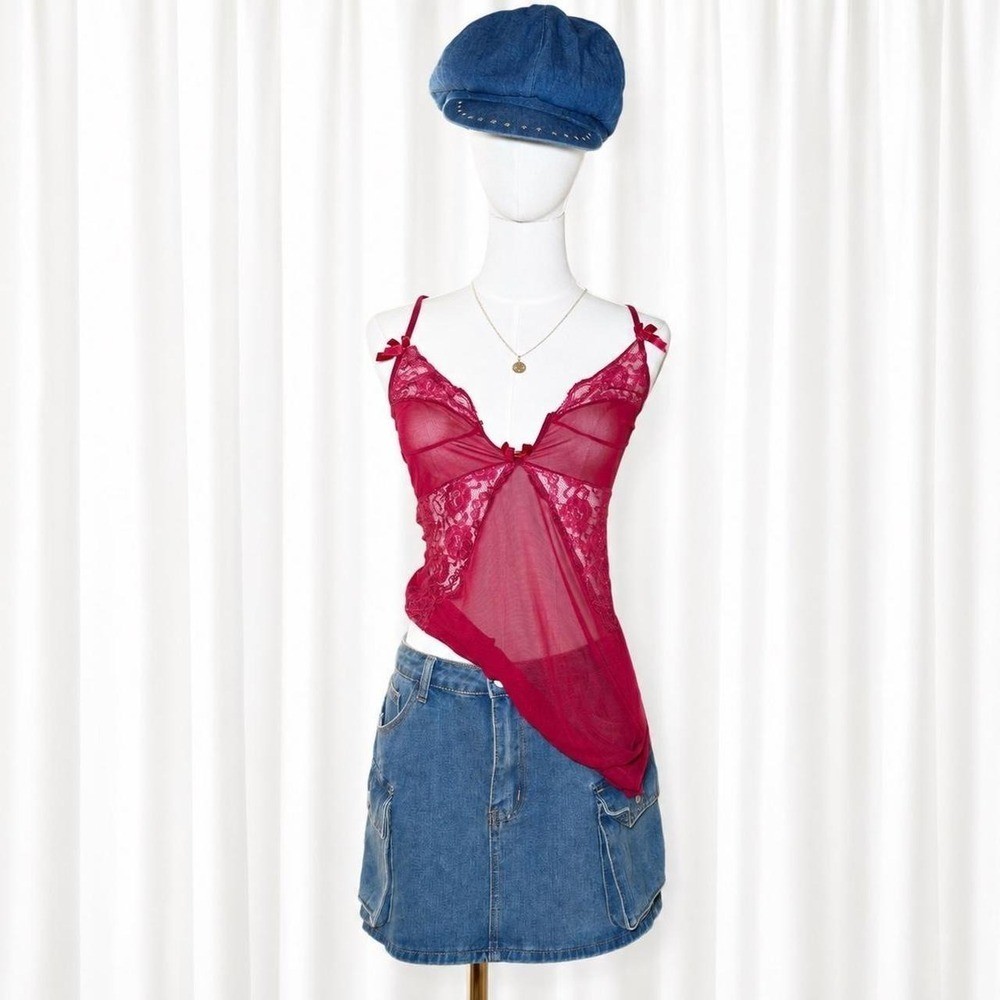 Y2K Hot Pink Sheer Lace Bow Cami Fairycore Coquette Mesh Top