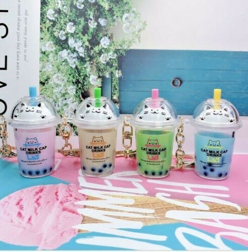 Boba Milk Tea Keychain Cat Milk Cap Series (Moving Liquid and Boba)