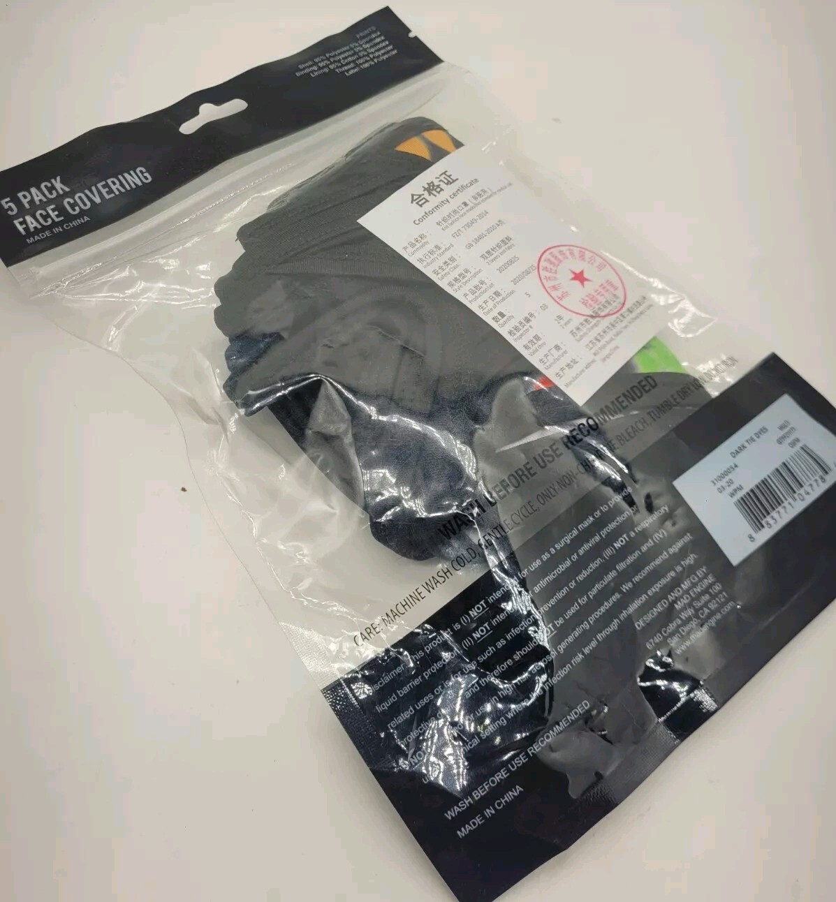 5-Pack Dark Tie Dye Polyester Face Masks Coverings By MAD Engine