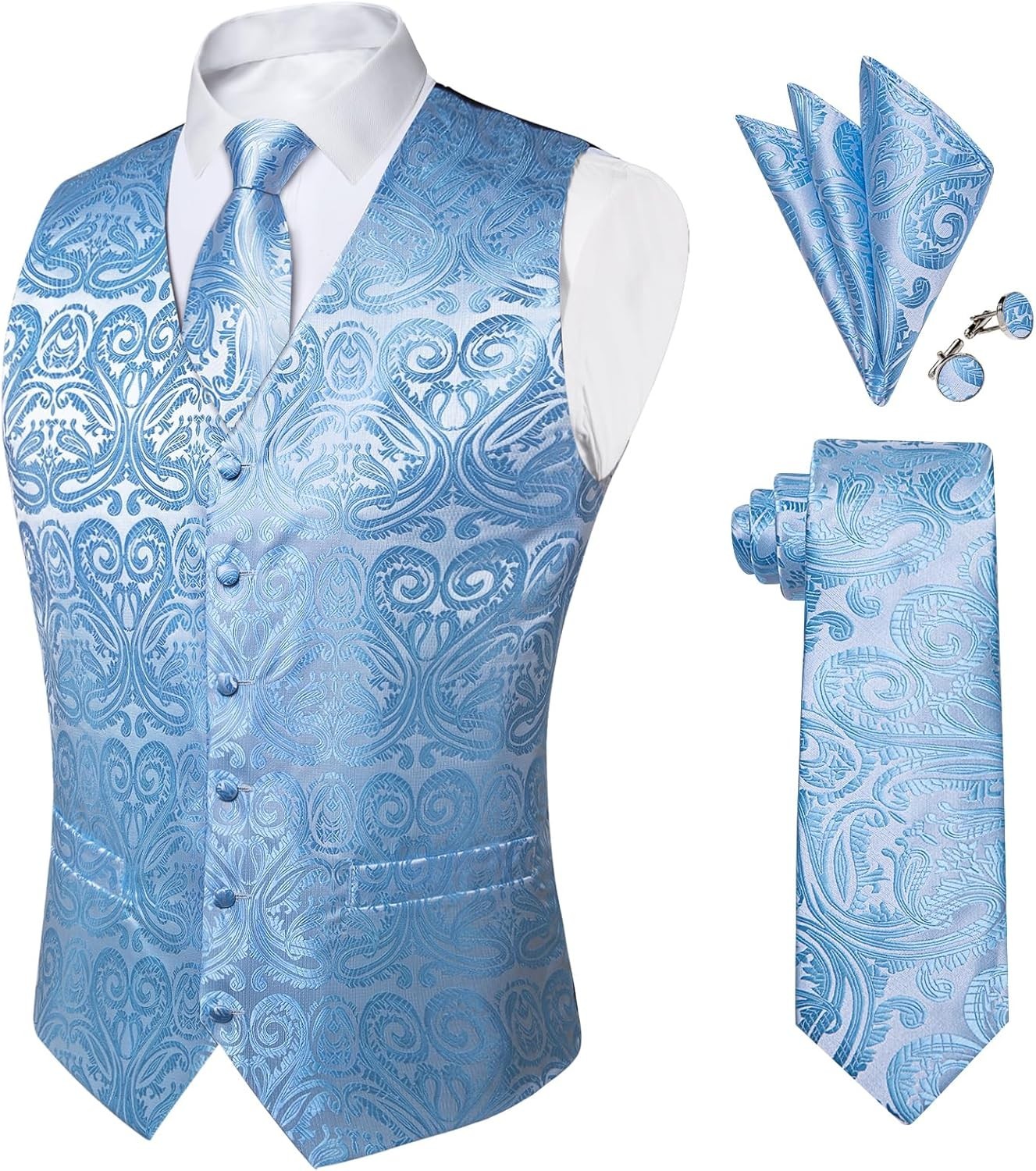 Mens Paisley Silk Vest Tie Pocket Square Cufflinks Set for Wedding Party Formal