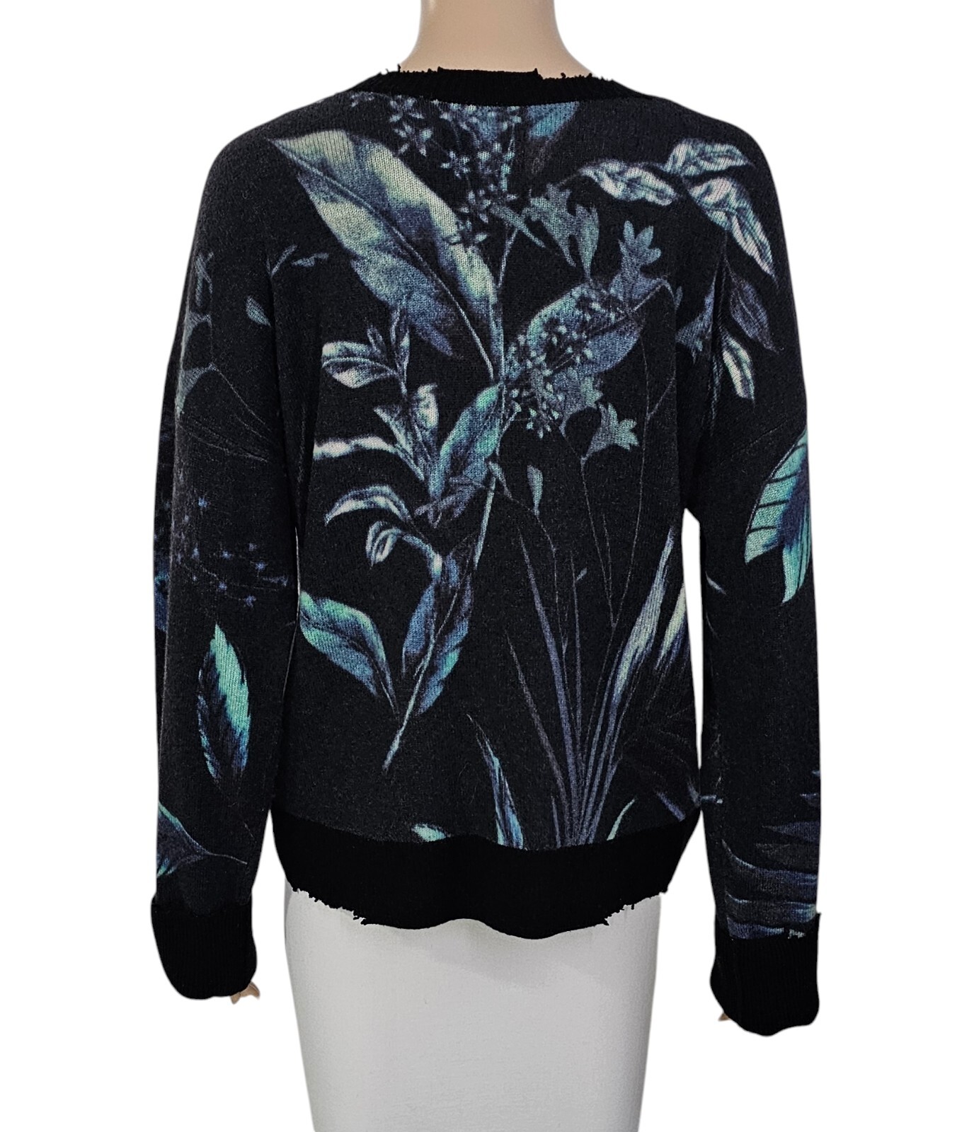 RTA Emma Cashmere Tropical Print Distressed Crew Neck Long Sleeve Sweater M $495