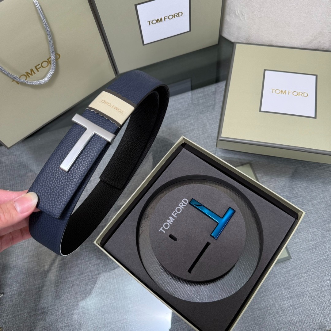 Tom Ford Handmade Double-Buckle Reversible Belt 3.8cm/1.50″ Blue/Black