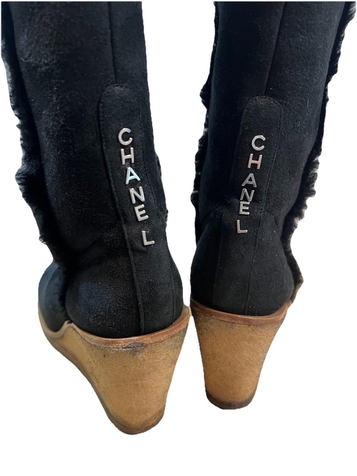 Chanel Boots 40 Wedge Knee High Suede Sherpa Fur Lined Biker Moto Spellout Logos
