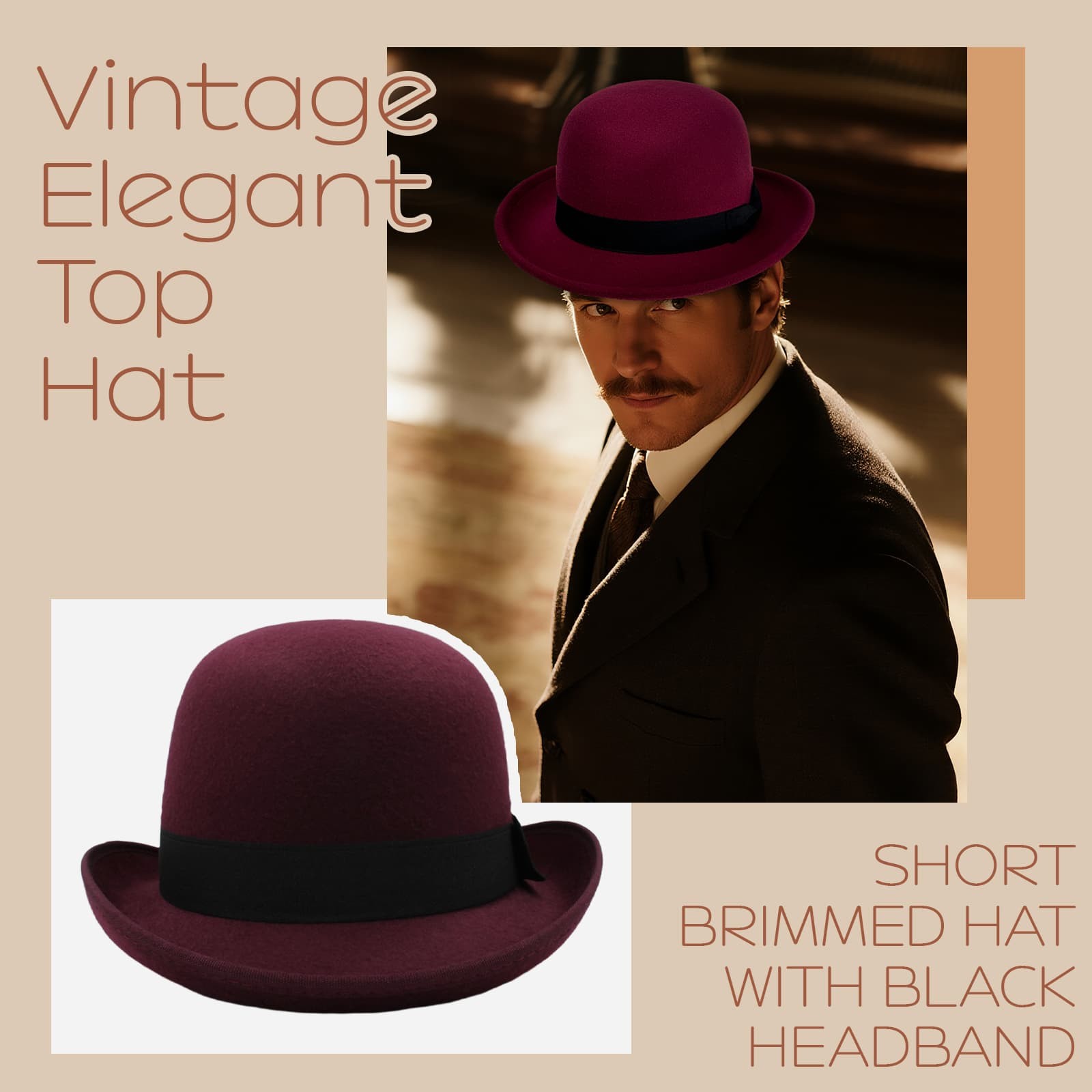 Men Retro Elegant Bowler Hat Short Brim with Hat Band for Formal Casual Wedding