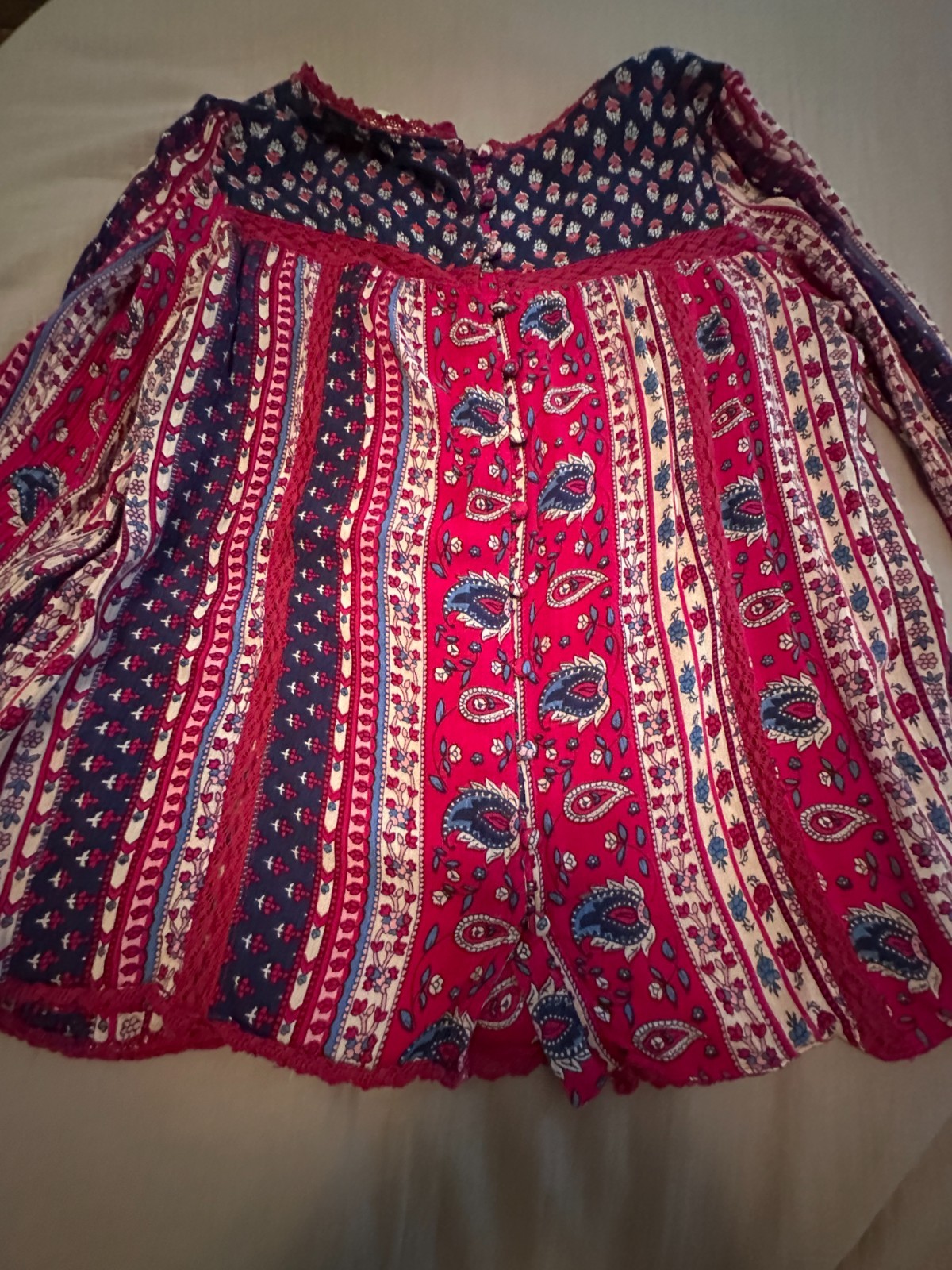 Maeve Anthropologie Floral Paisley Lace Boho Button Back Peasant Top Cottagecore
