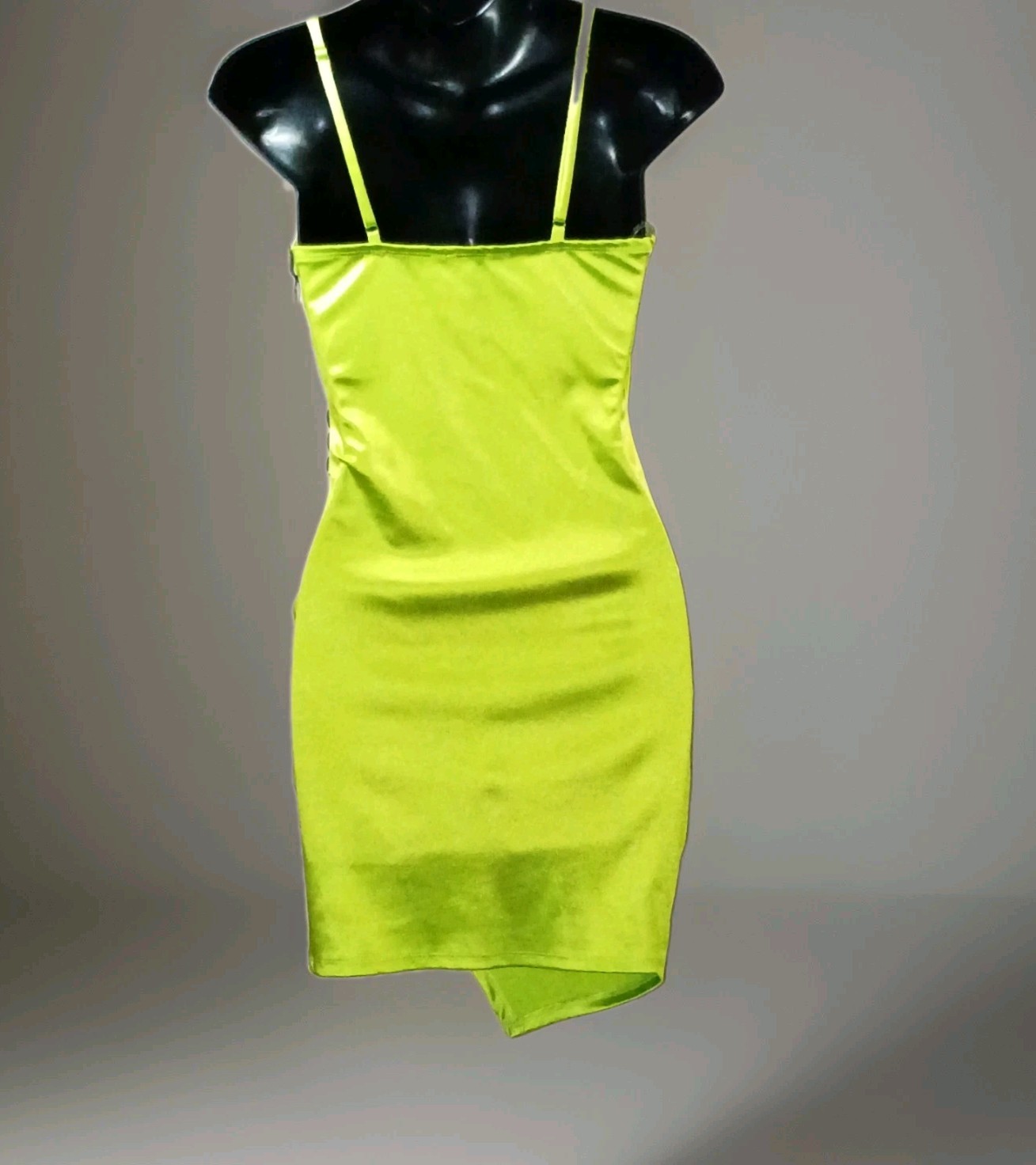 IRIS Slip Dress Green Satin V-Neck Spaghetti Straps Asymmetric Rhinestone S