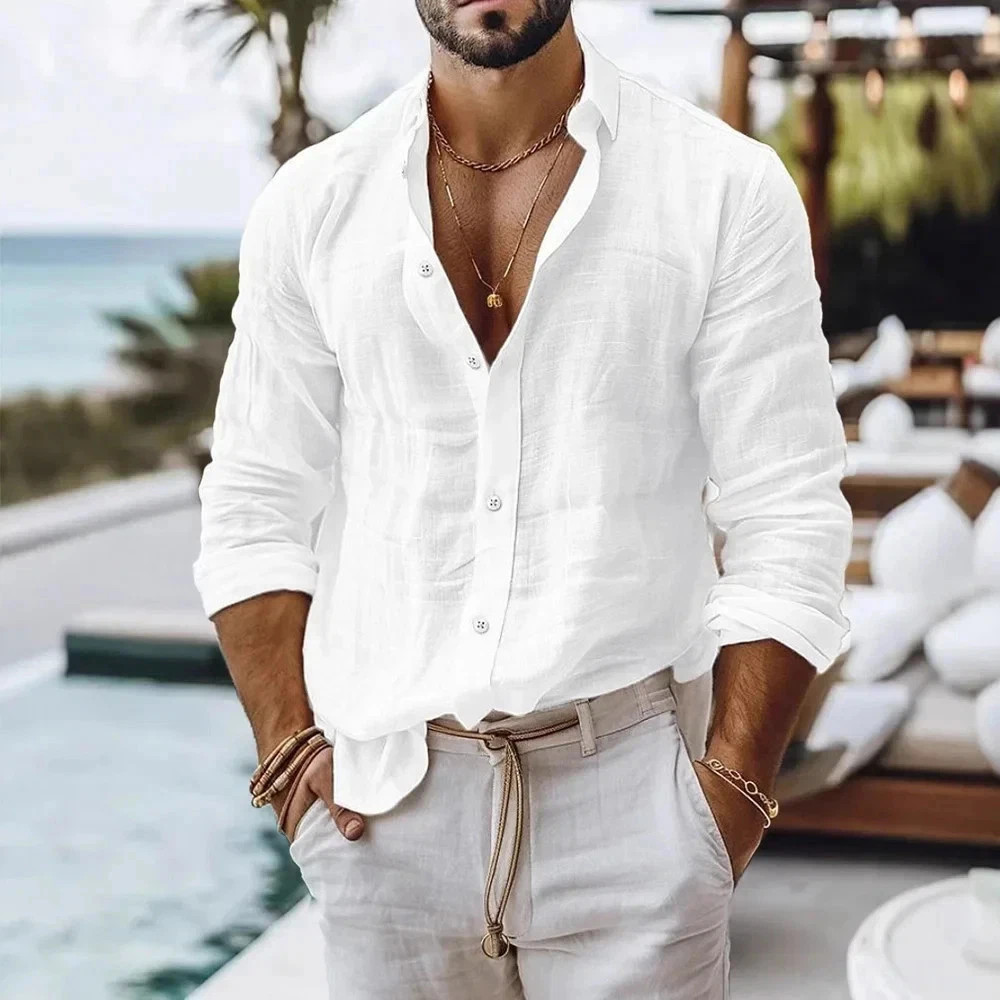Men Cotton Linen Summer Beach Shirt Solid Color Breathable Button Top
