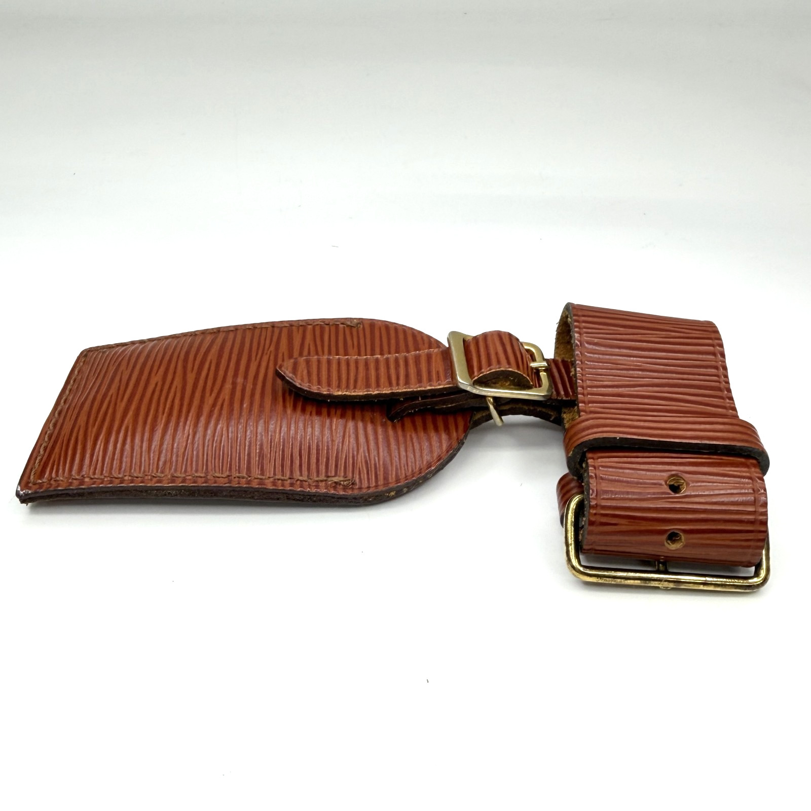 Authent Louis Vuitton Epi Brown Leather Luggage Name Tag & Poignet Used Japan