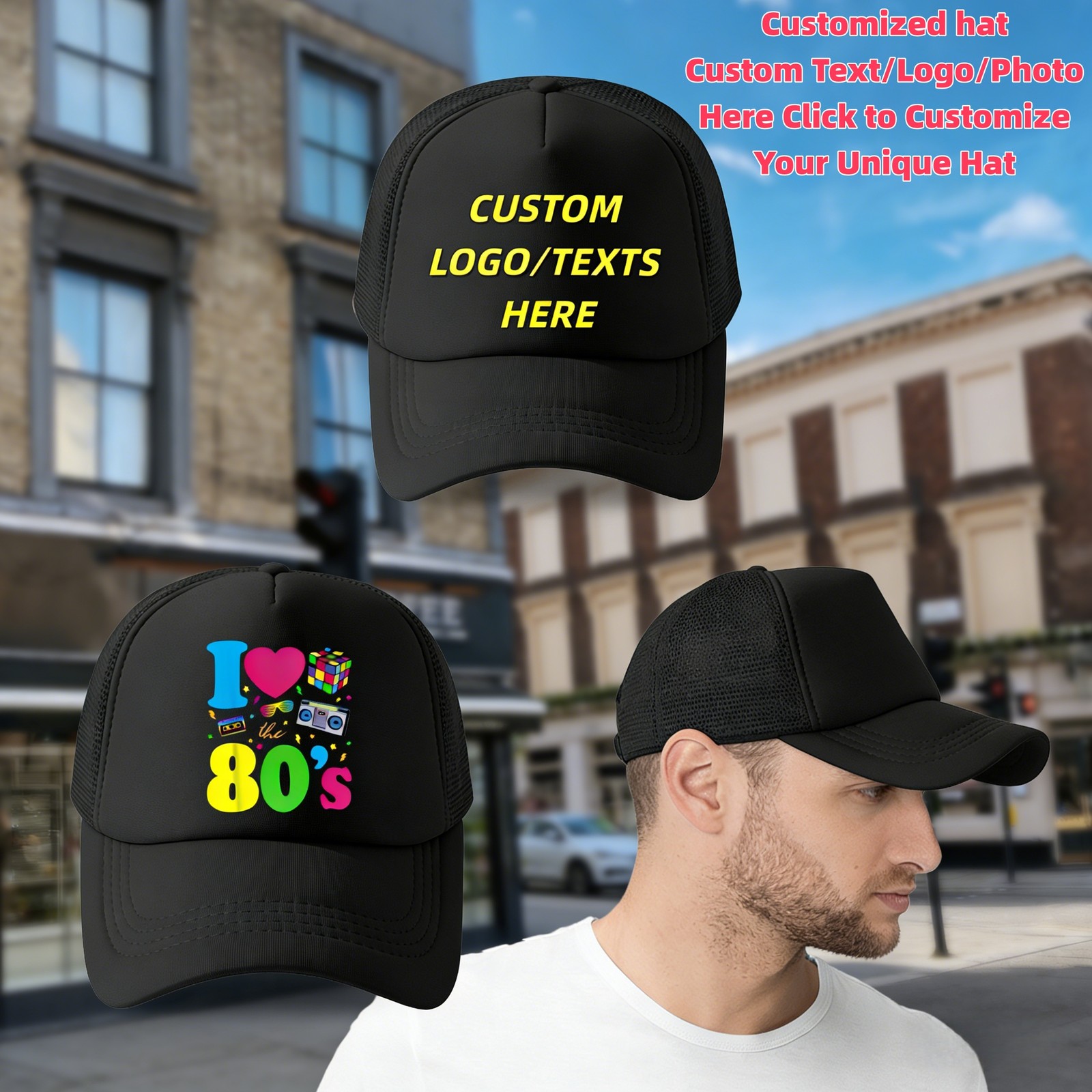 Custom Text Logo Trucker Hat Retro Black Mesh Snapback Personalized Gift Cap