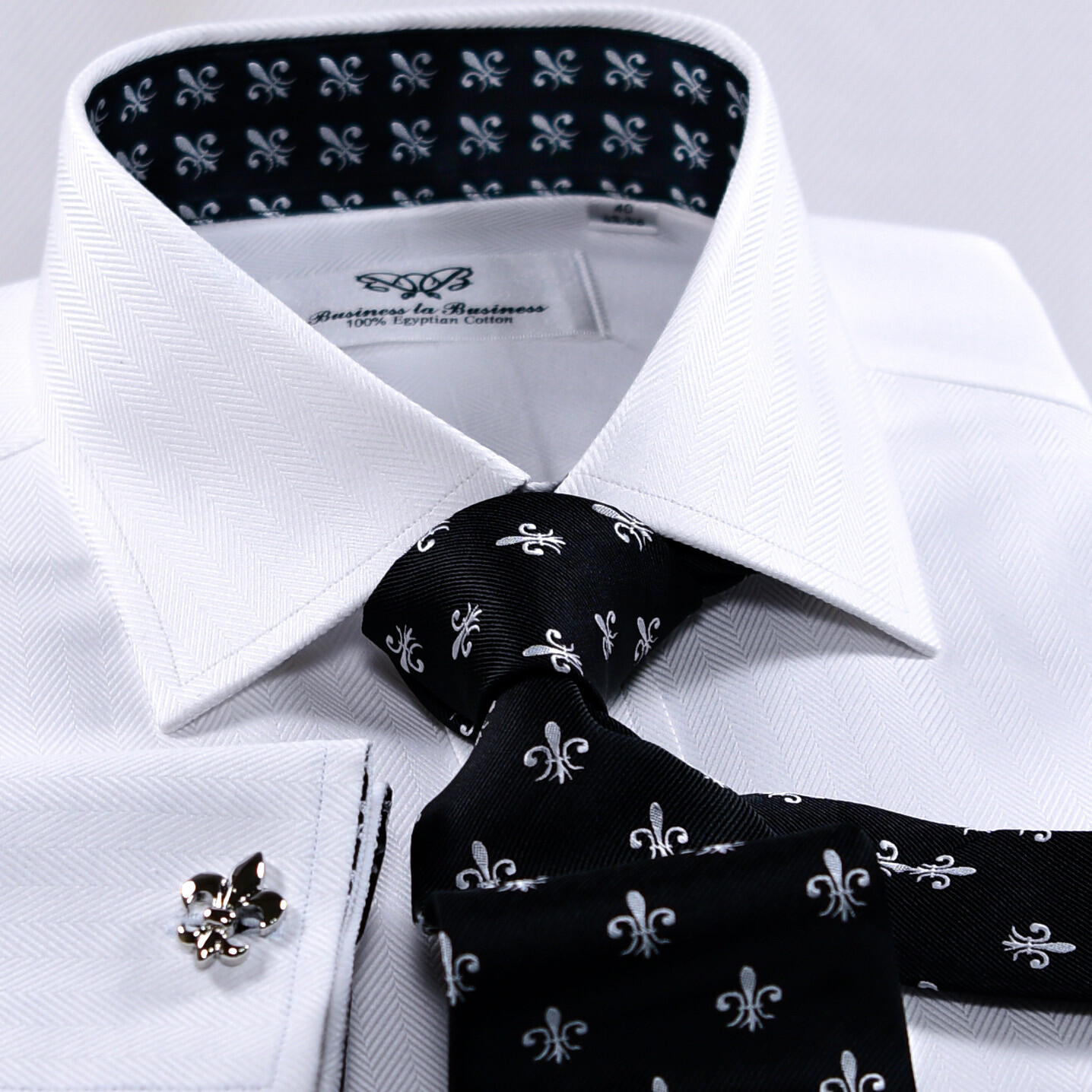 Black Italian Fleur-De-Lis White Heiingbone Twill Men’s Dress Shirt Sexy Floral