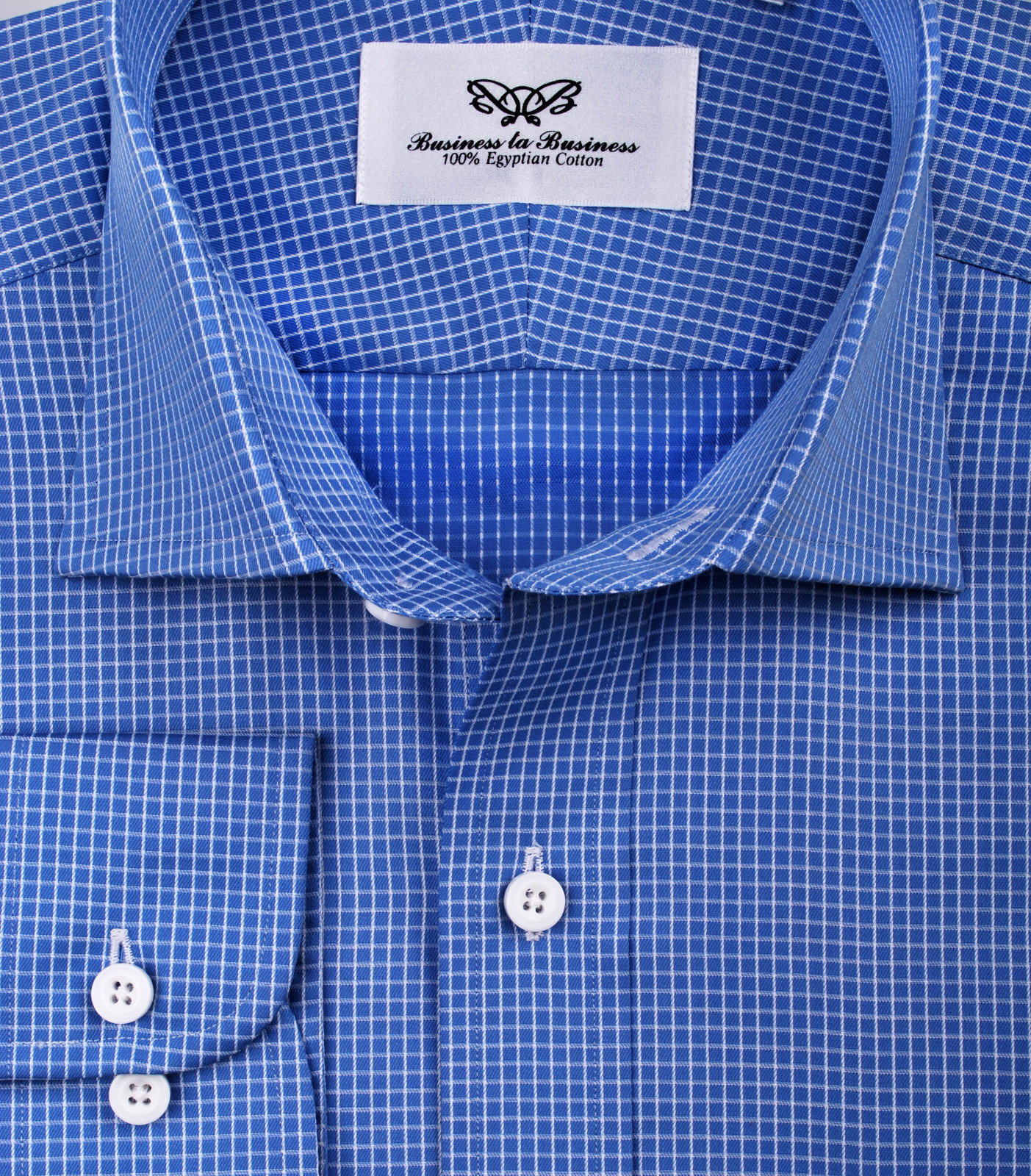 Blue Checkered Dress Shirt Luxury Business Button Cuff Soft Easy Iron Fabric