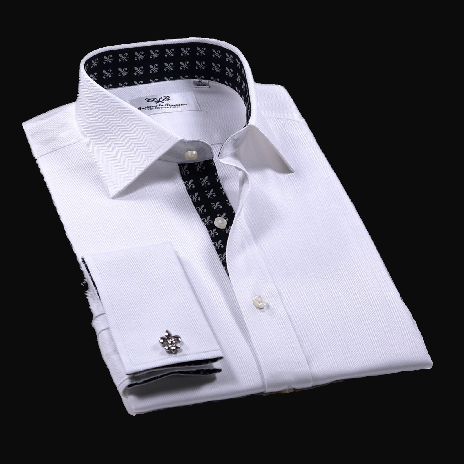 Black Italian Fleur-De-Lis White Heiingbone Twill Men’s Dress Shirt Sexy Floral