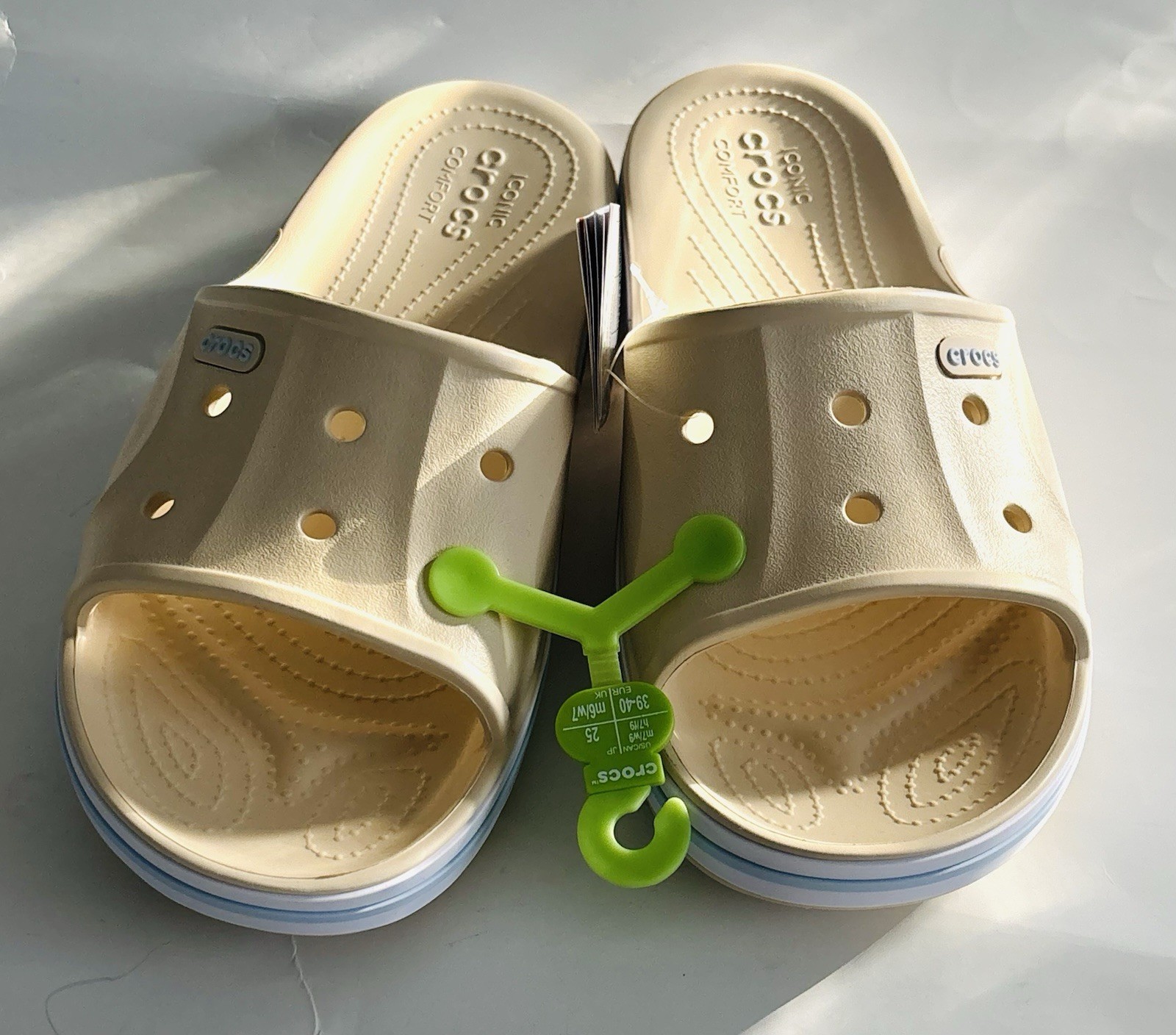 Crocs Unisex Bayaband Slide Comfort shoes Men 7, Women 9 , Beige White