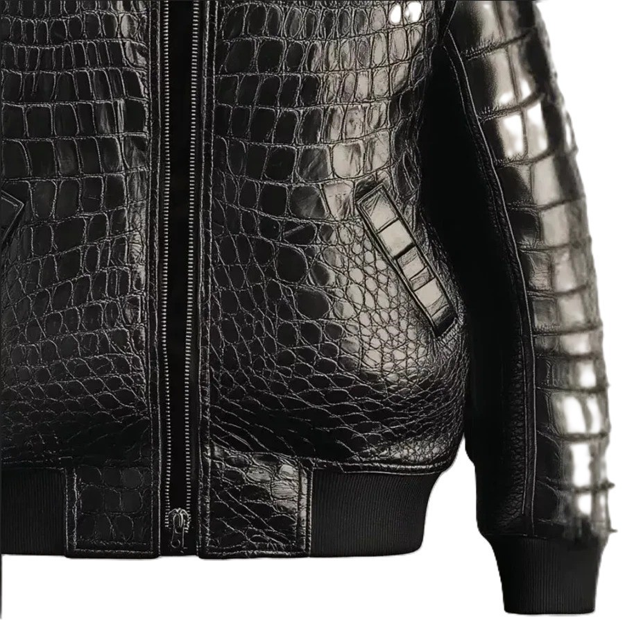 Men’s Black Real Leather Crocodile Embossed Luxury Alligator Print Bomber Jacket