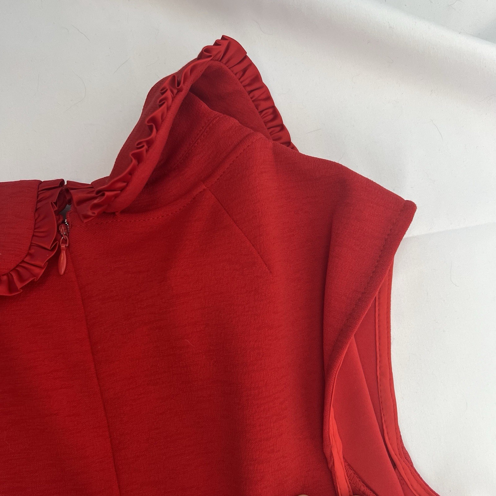 Nanette Lepore Red Dress Sleeveless Ruffle Peter Pan Collar Knit Size 8 POCKETS!